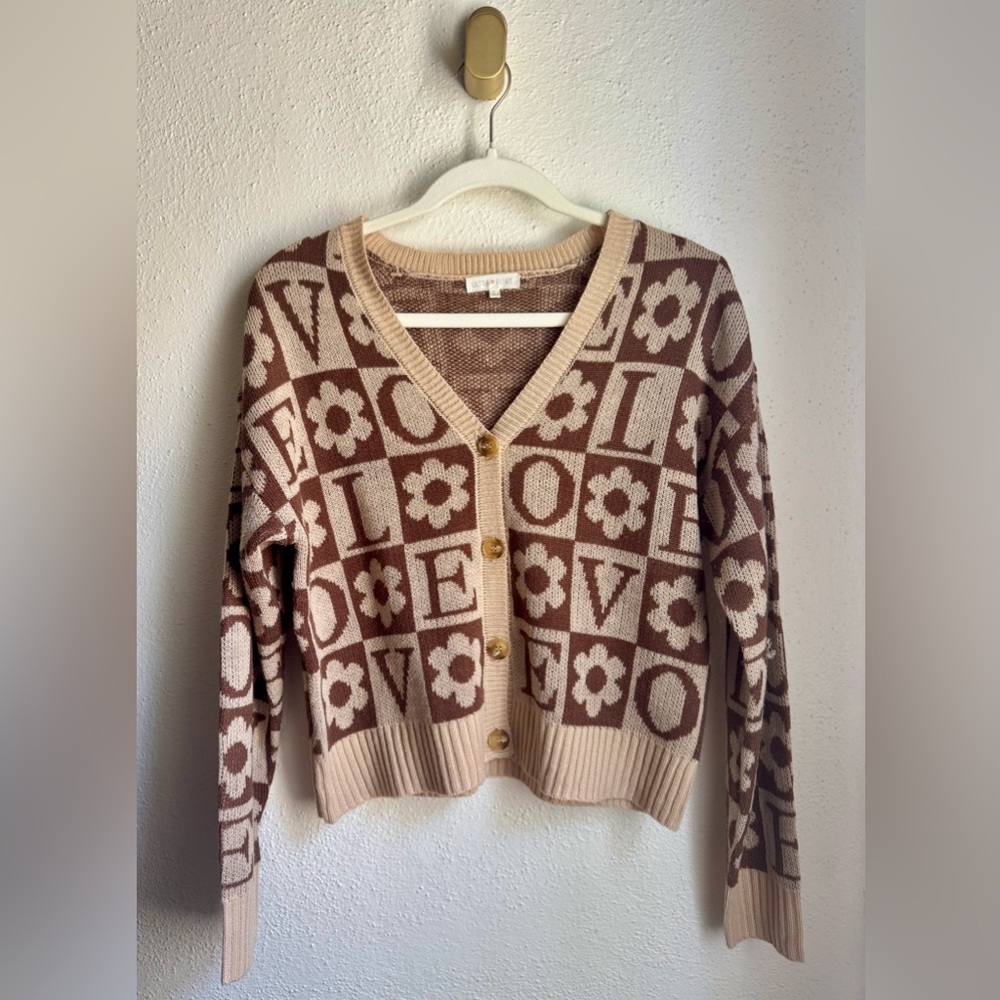 Ultra Flirt Brown and Cream LOVE Cardigan Sweater